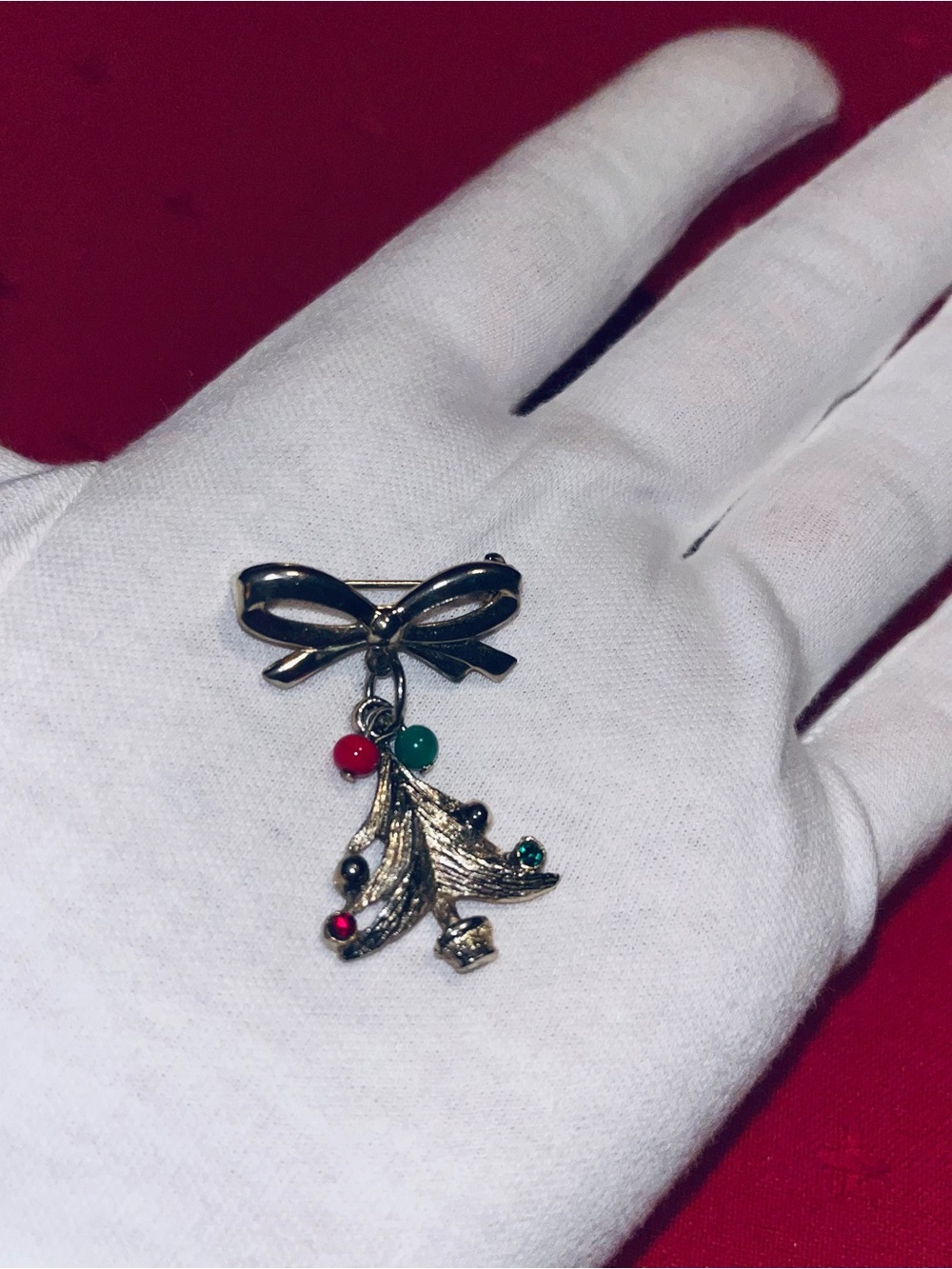 Vintage Bow and Leaf Festive Pin Brooch - Gold Tone with Red & Green Accents